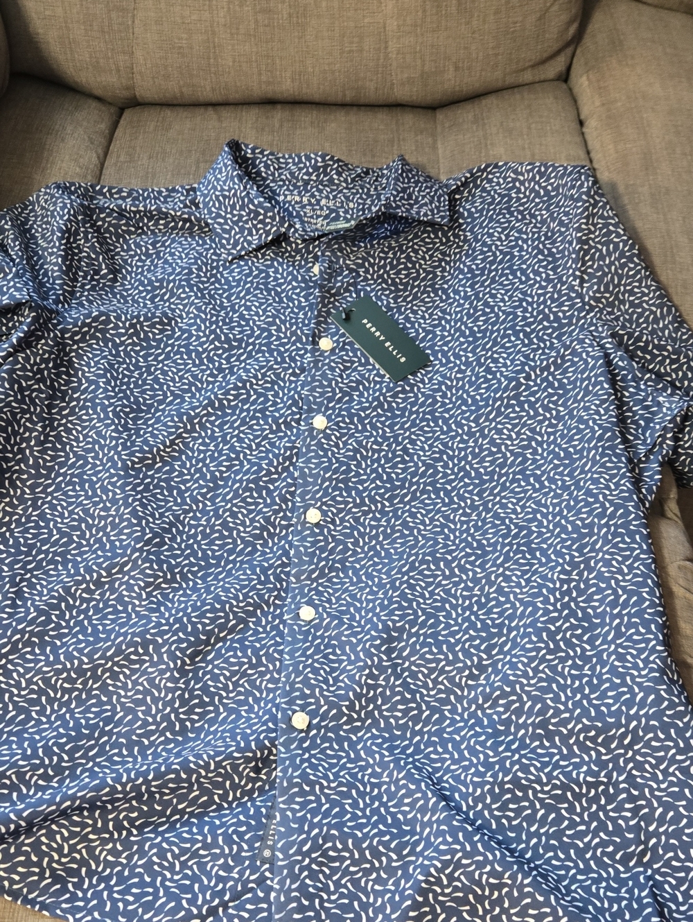 Perry Ellis Blue Short-Sleeve Button-Down with White Dash Print NWT